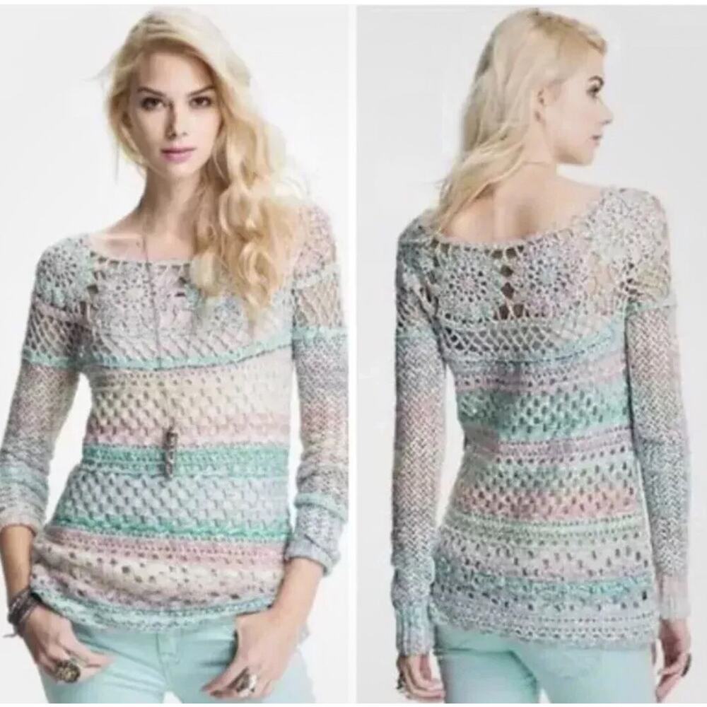Free People Crochet Oversized Small Petite Ring Of Roses Open Knit Sweatern